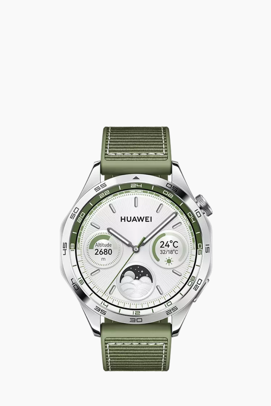 huawei-watch-gt4-light-military-green-stainless-steel ساعة هواوي Watch GT4 باللون الأخضر العسكري الفاتح مع إطار فولاذي.